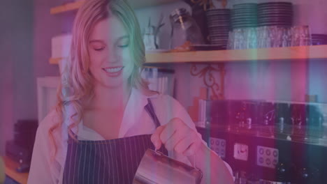 preparing coffee, smiling barista in cozy café with animation on screen