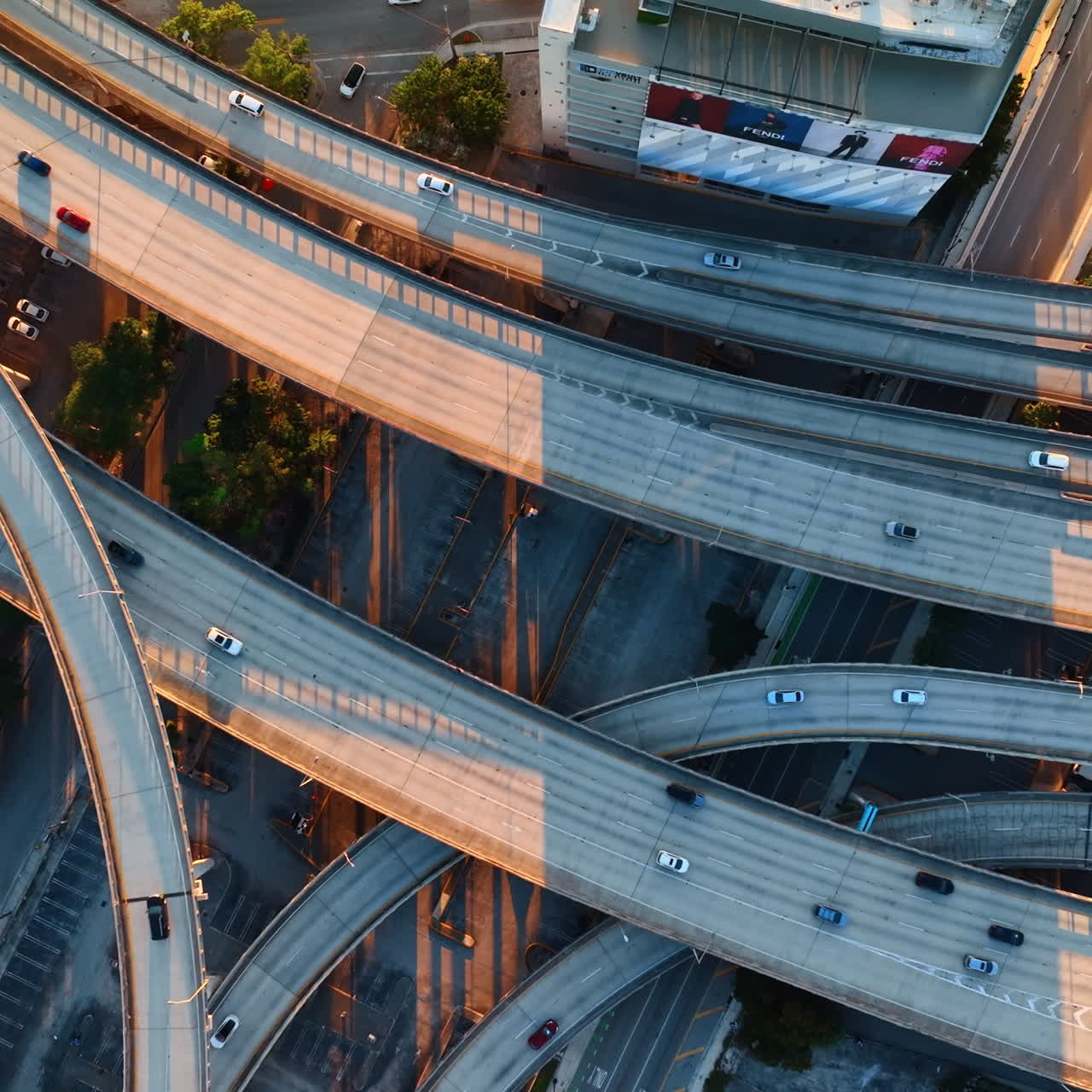 Intertwining roads on the freeways of Miami, Florida, USA from top. Drone descending above the speedways at sunset.