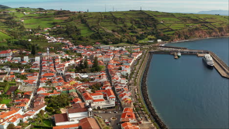 Aerial-drone-shot-or-Horta-town-at-the-seaside-in-Faial-island,-Azores---Portugal