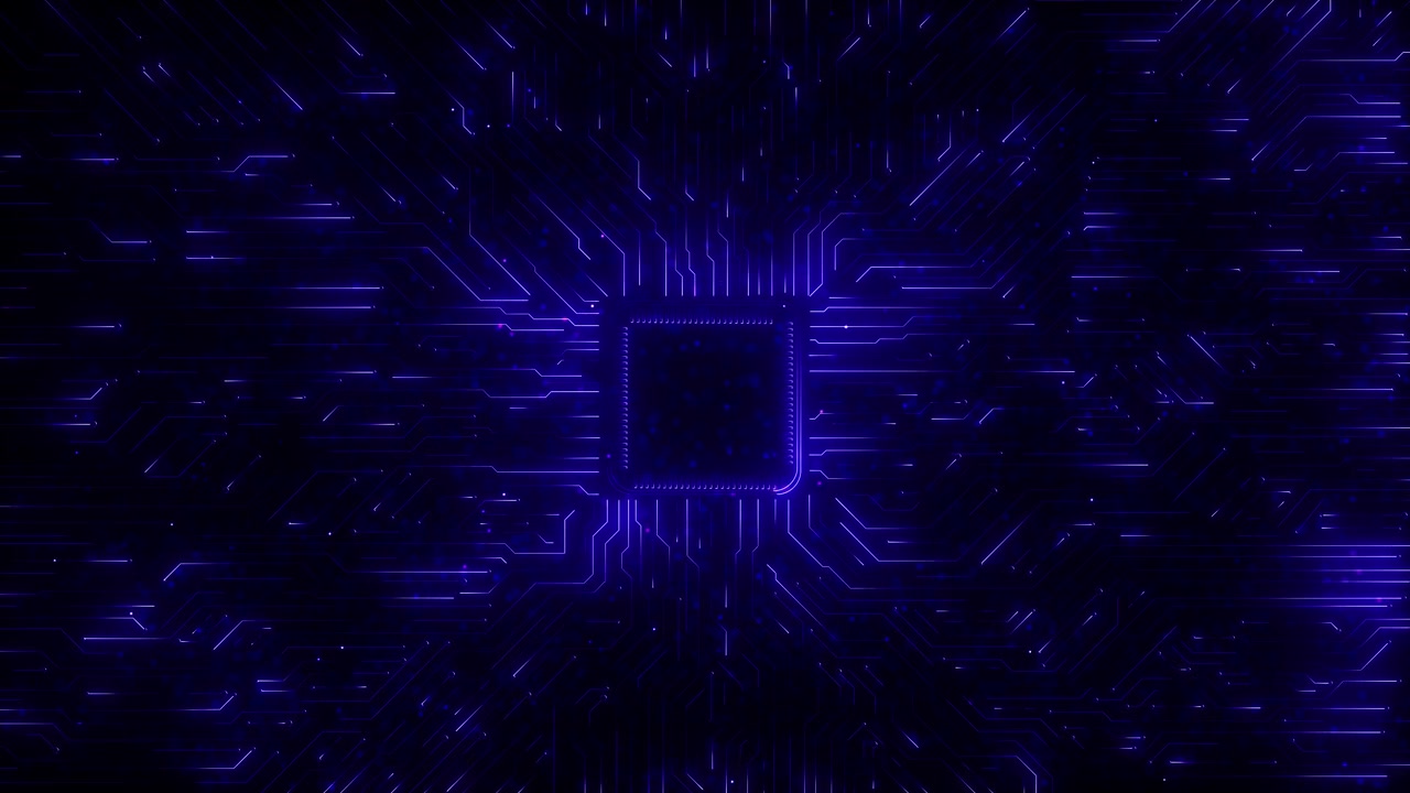 Violet processor printplade visuel, med central chipkontur, glødende elektroniske stier, mørk cyber