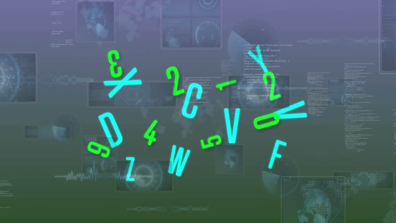 회색 배경의 화면에서 숫자가 바뀌고 데이터 처리되는 애니메이션