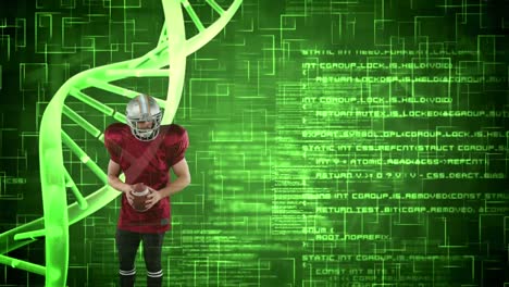 Animation-Der-Datenverarbeitung,-Uhr-Und-DNA-Strang-über-Einem-Kaukasischen-American-Football-Spieler