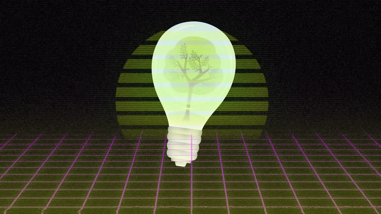 검은 바탕에 태양과 그리드 패턴 위에 전구에서 나무의 애니메이션