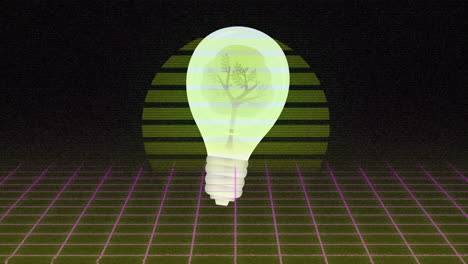 animation of tree in light bulb over sun and grid pattern against black background