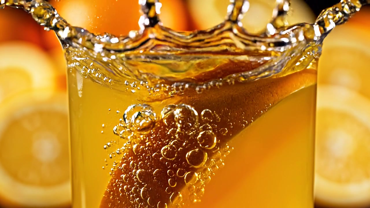 Succo d'arancia fresco in bicchiere con guarnizione di fetta di frutta