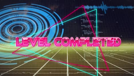 animación del nivel completado en el espacio abstracto digital con datos diversos