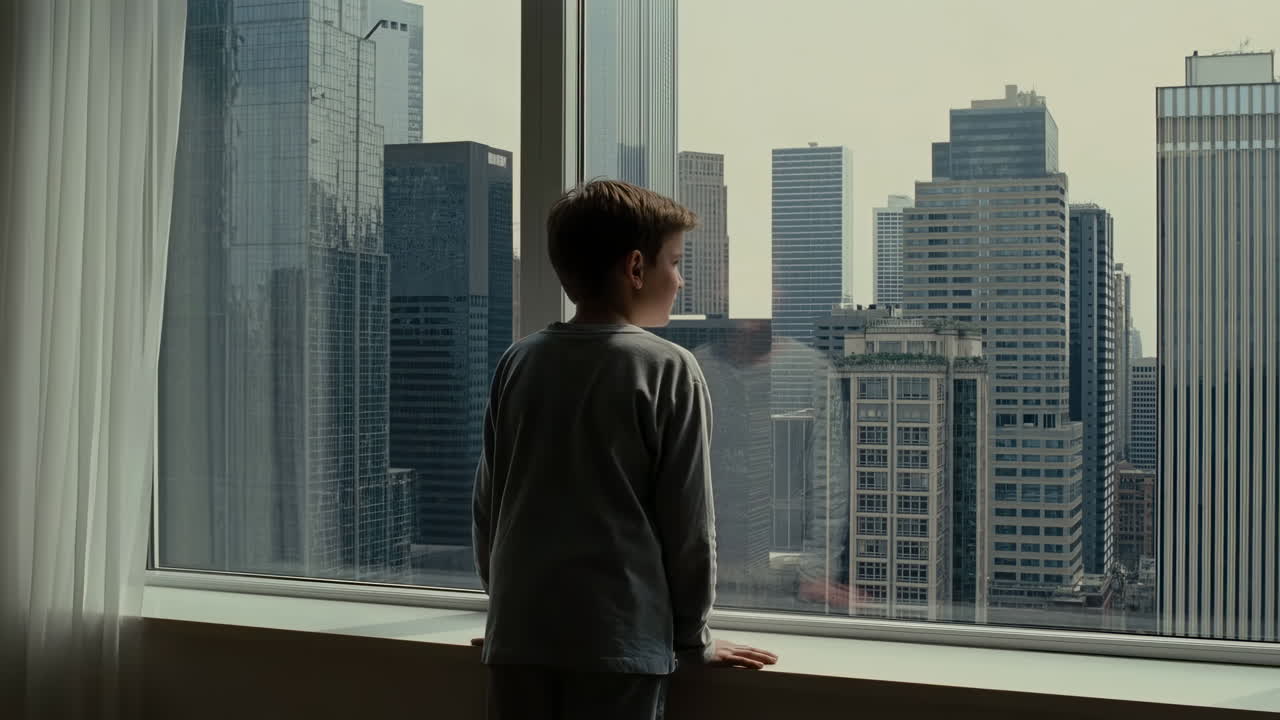 Young Boy Looking Out Window at City Skyline