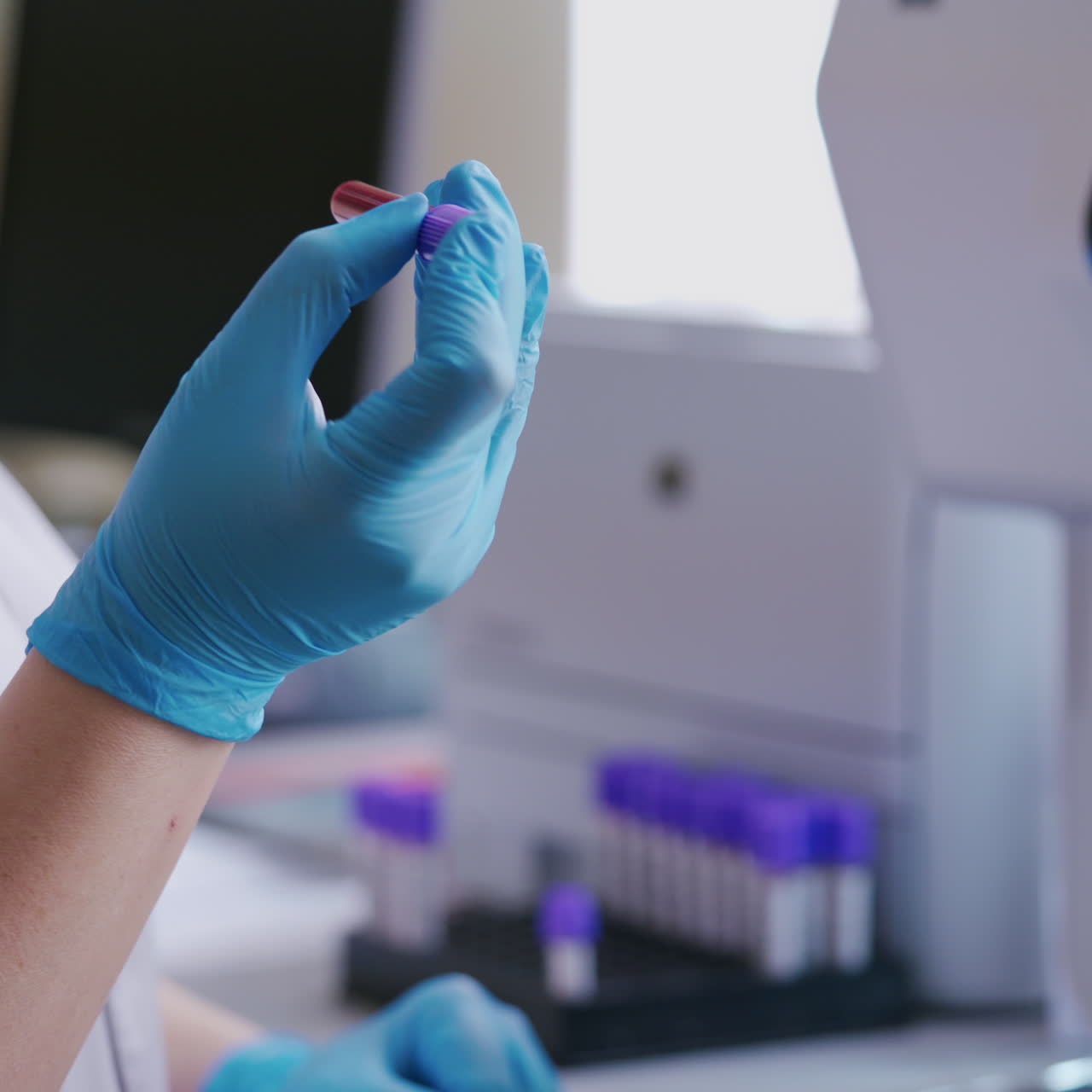 Vial of liquid in laboratory worker's hands. Medical worker mixing blood sample before making experiments on modern device. Close-up.