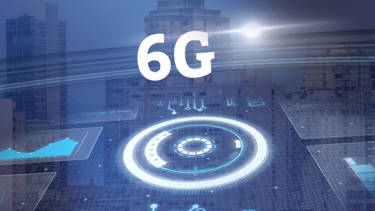 animazione di testo 6g, elaborazione dei dati e scheda di circuiti per computer.