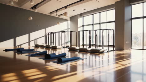 empty yoga and meditation studio with natural light and wooden floors