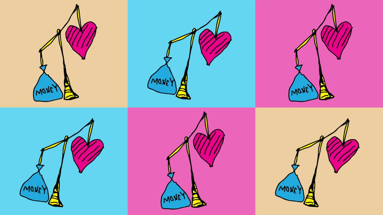 아이들은 사랑과 돈의 주제로 팝 아트  없는 배경을 그리고 있습니다.