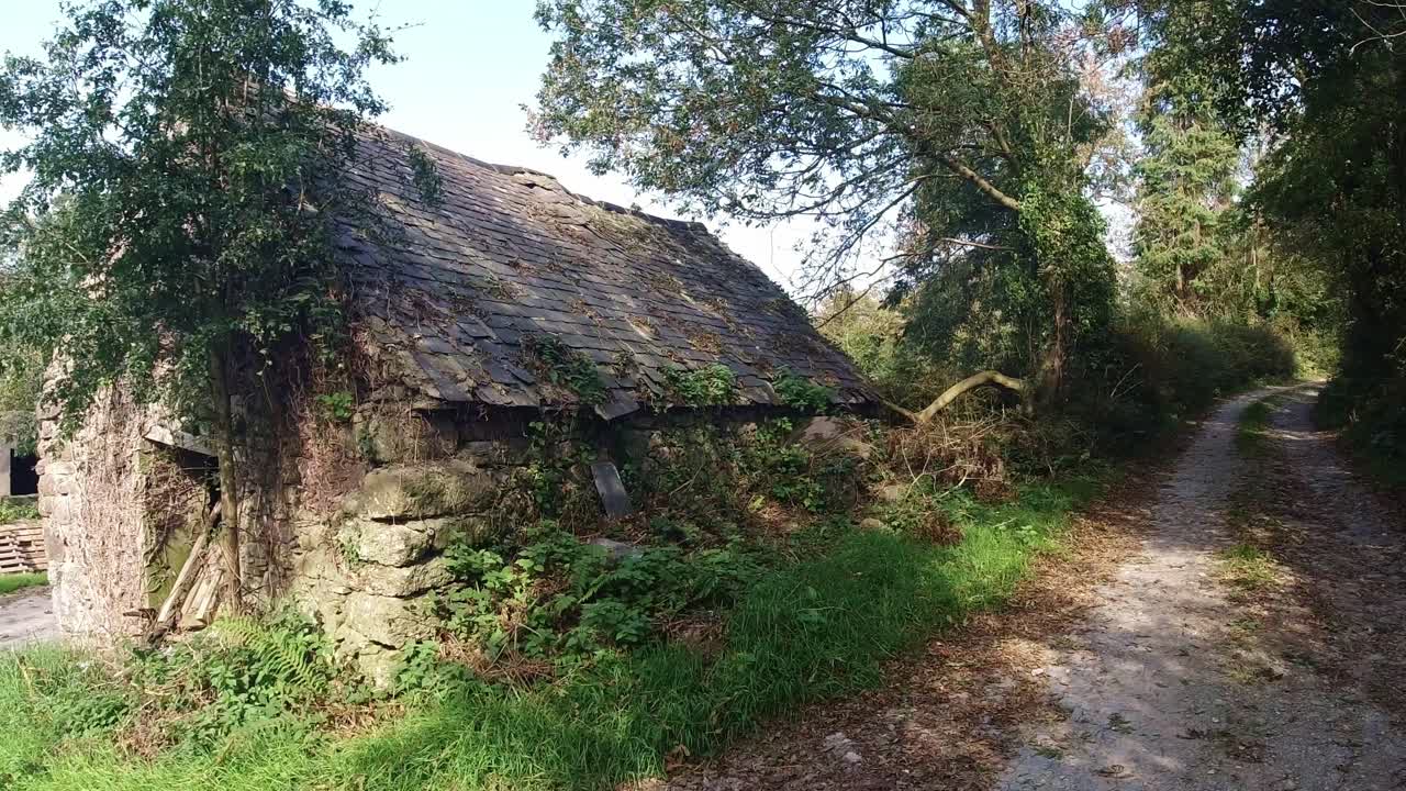 cabaña tradicional irlandesa ahora en ruinas en un tranquilo camino rural en otoño