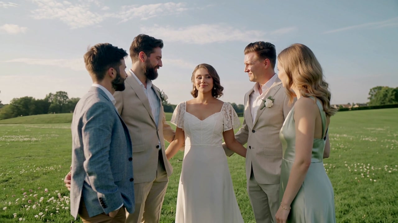 Smiling bride linking arms with companions in grassy field, showing boutonniere and wedding dress