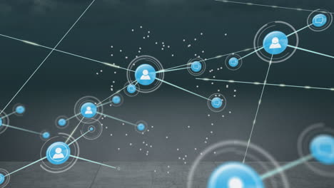 animation of network of connections with icons over grey background