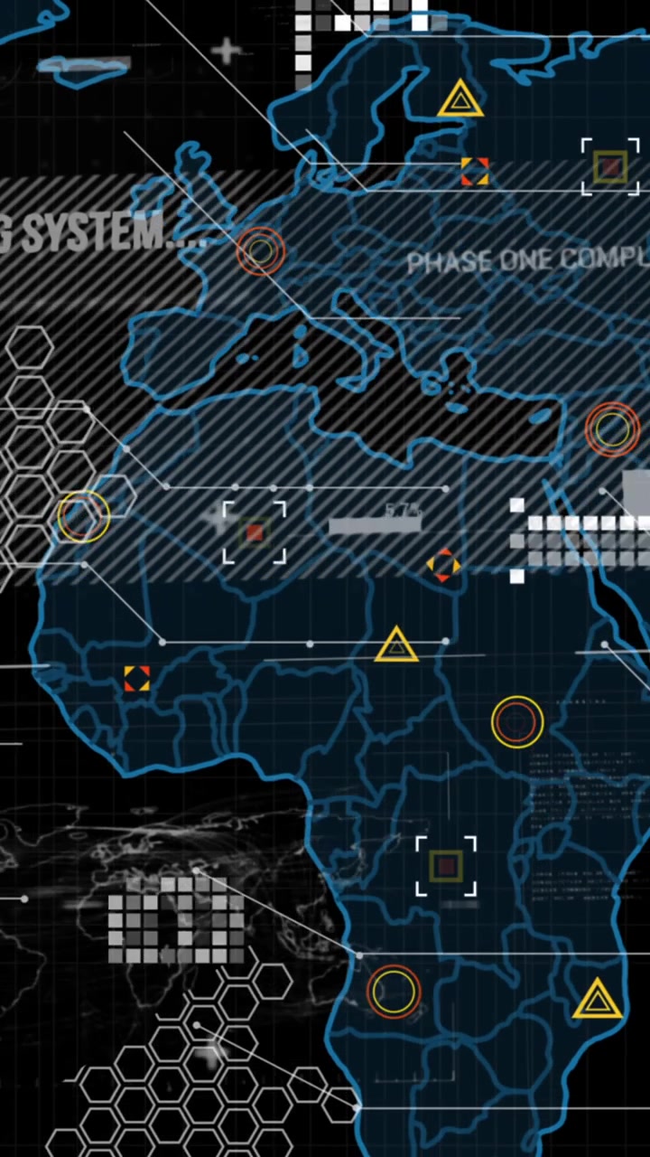 Animation of data processing over world map on dark background