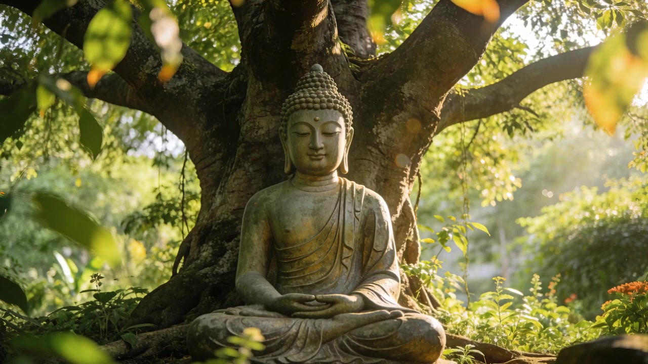 Telecamera in movimento che si avvicina delicatamente verso una statua di Buddha seduto sotto un grande albero, enfatizzando la serenità.