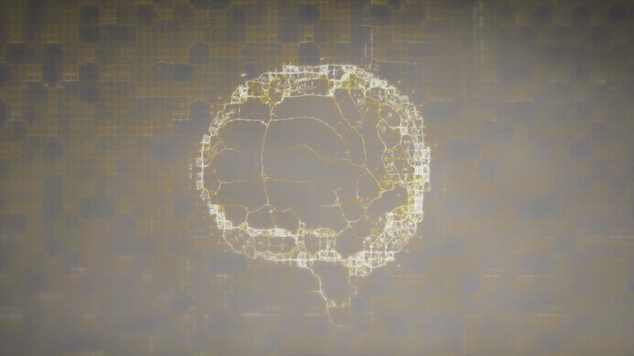 animación digital del cerebro con circuitos brillantes sobre un fondo de cuadrícula abstracta