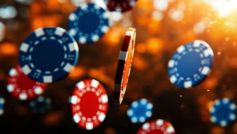 floating poker chips against warm sunset. poker chips are suspended in mid-air, illuminated by warm light from a sunset, creating a vibrant atmosphere.