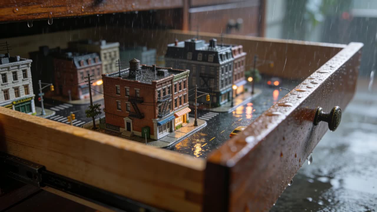 木製の引き出しを引くと、窓際に置かれた卓上のミニチュア都市が現れる。雨が降り、水たまりができていく様子。