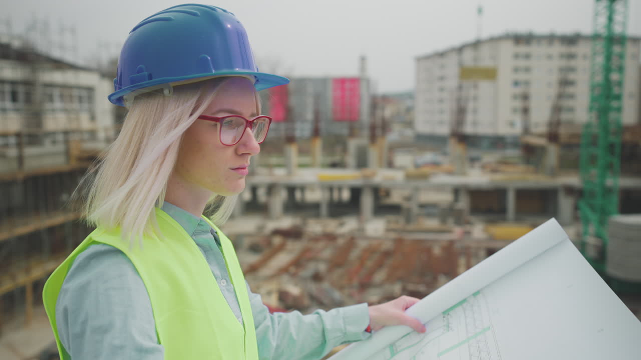 Construction Worker Reviewing Blueprints at Construction Site