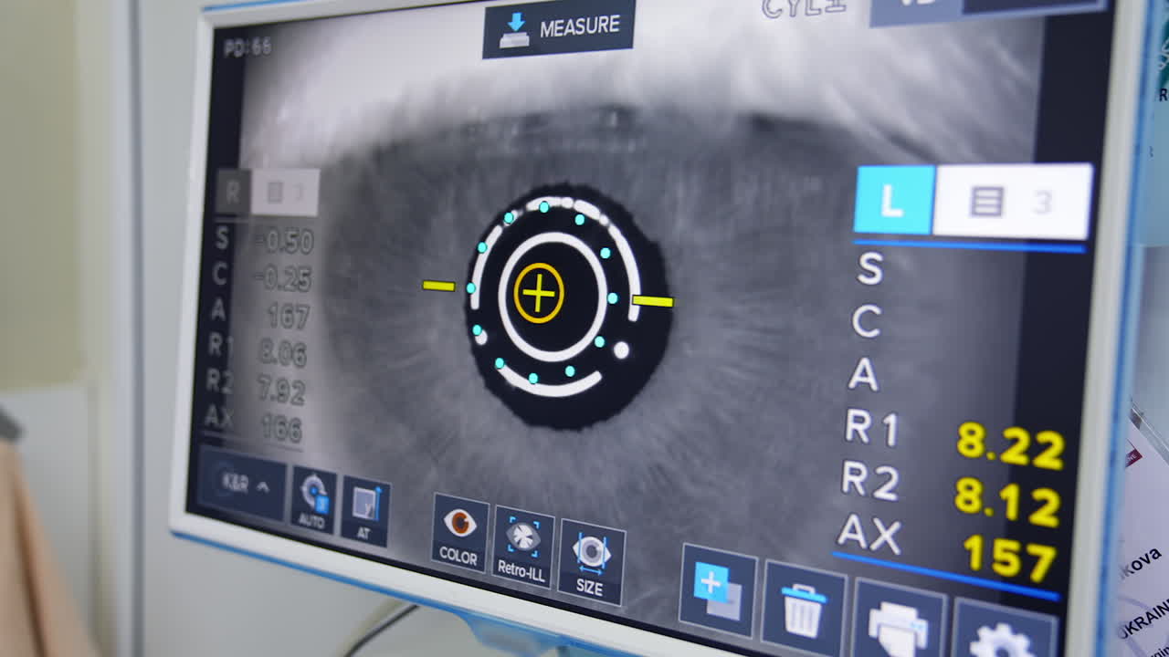Eye examination on a monitor. Patient's eye examination on a modern computer-controlled machine. Medical equipment at the optometry clinic. Close-up.