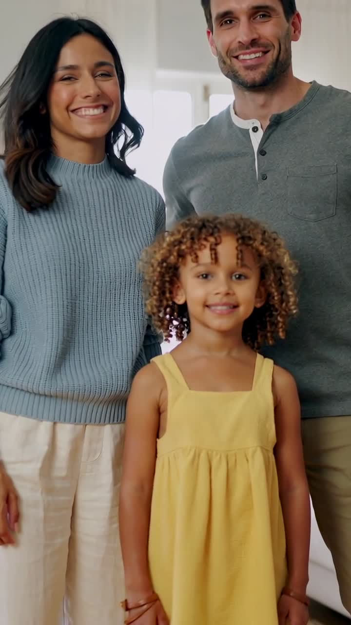 Famiglia felice con la figlia piccola che sorridono a casa