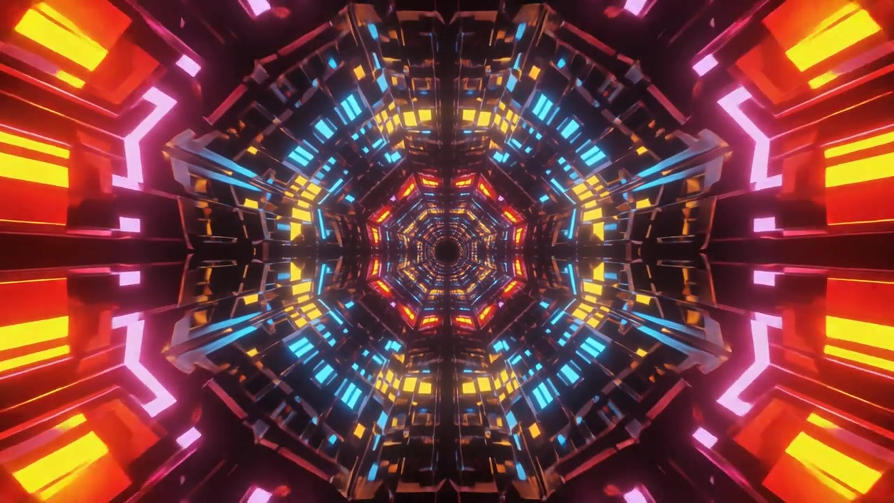 Futuristic Digital Tunnel with Glowing Neon Geometric Patterns