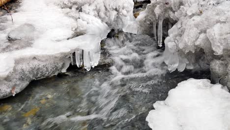 Sehr-Kaltes-Fließendes-Wasser-Warf-Einen-Schnee--Und-Eisbedeckten-Bach,-Reines-Natürliches-Bergwasser