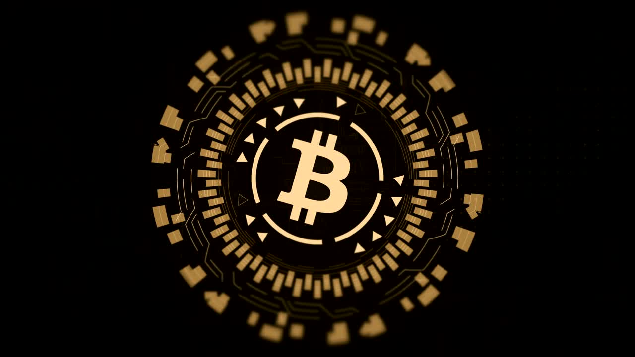holograma circular de oro girando bitcoin en el centro