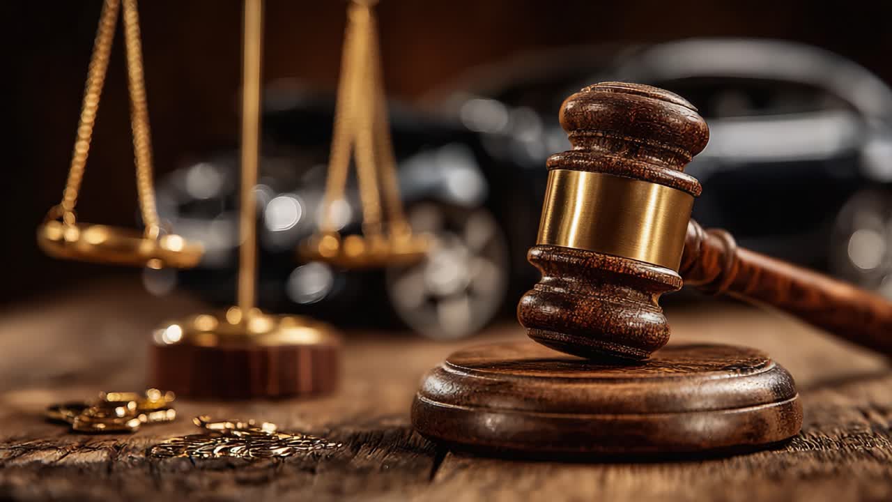 Primo piano di un martelletto e della bilancia della giustizia con un'auto sullo sfondo, che simboleggiano legge, ordine e procedimenti legali nella società moderna.