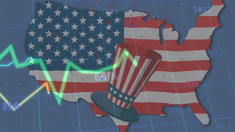 animación de la bandera estadounidense, el sombrero y el mapa con líneas y procesamiento estadístico