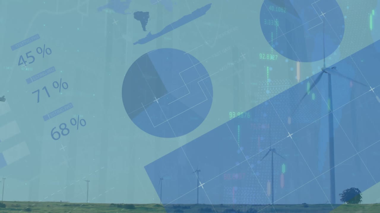 은 하늘을 배경으로 회전하는 풍차에 대한 인포그래픽 인터페이스의 애니메이션