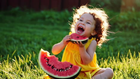 happy child eating watermelon in the grass