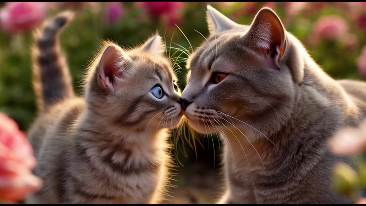 Gatto adulto e gattino che si coccolano in un giardino di rose rosa