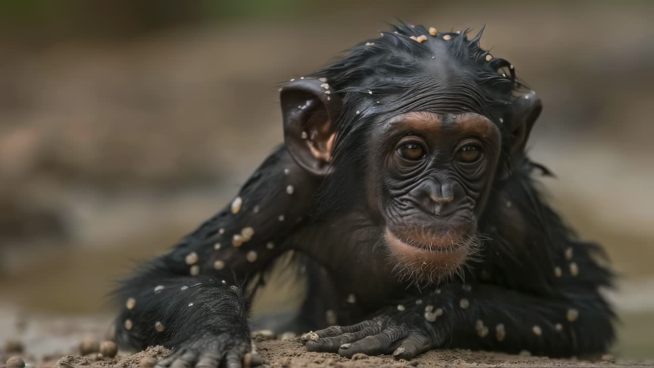 Juvenile bonobo sitting on ground, pebble covered, scanning surroundings with glistening fur and soulful dark eyes within forest environment