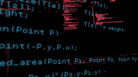 Animation of red and blue data and information processing on dark background