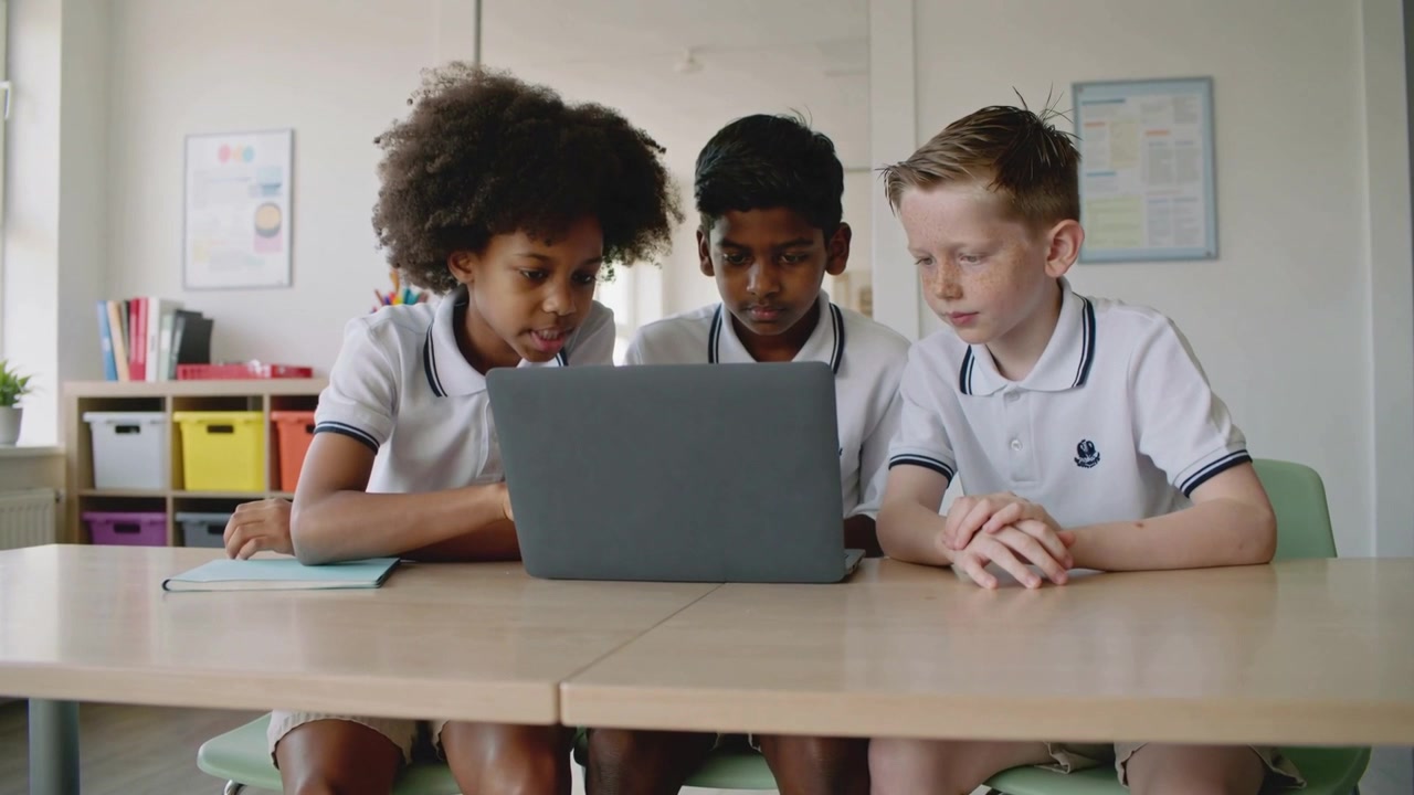 Leaning left student starting typing on laptop for project at school table, peers in matching polos