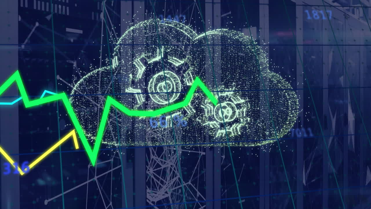 Animation of cloud computing with gears and fluctuating green line in school