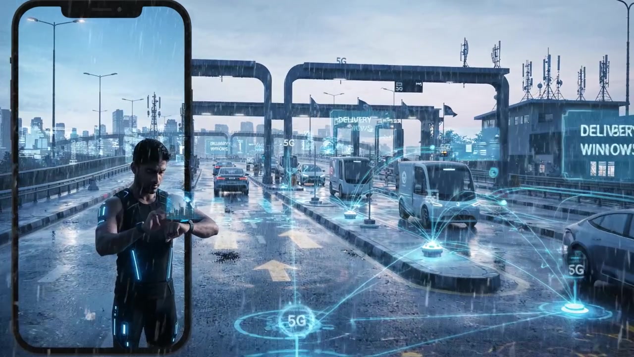 Scena urbana piovosa con tecnologia digitale: un giovane usa uno smartwatch mentre la pioggia cade tra autostrade e veicoli in un contesto urbano moderno.