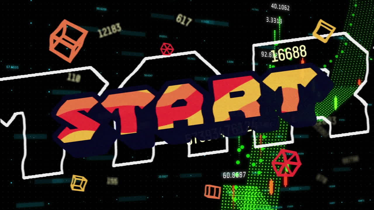 Animation of start text over shapes and data processing on black background