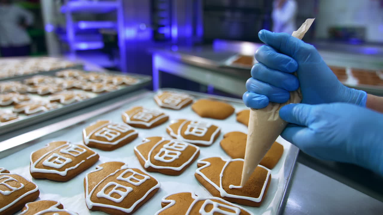 Brown freshly-baked gingerbread houses decoration. Confectioner uses pastry bag to put white cream onto the cookies. Close up.