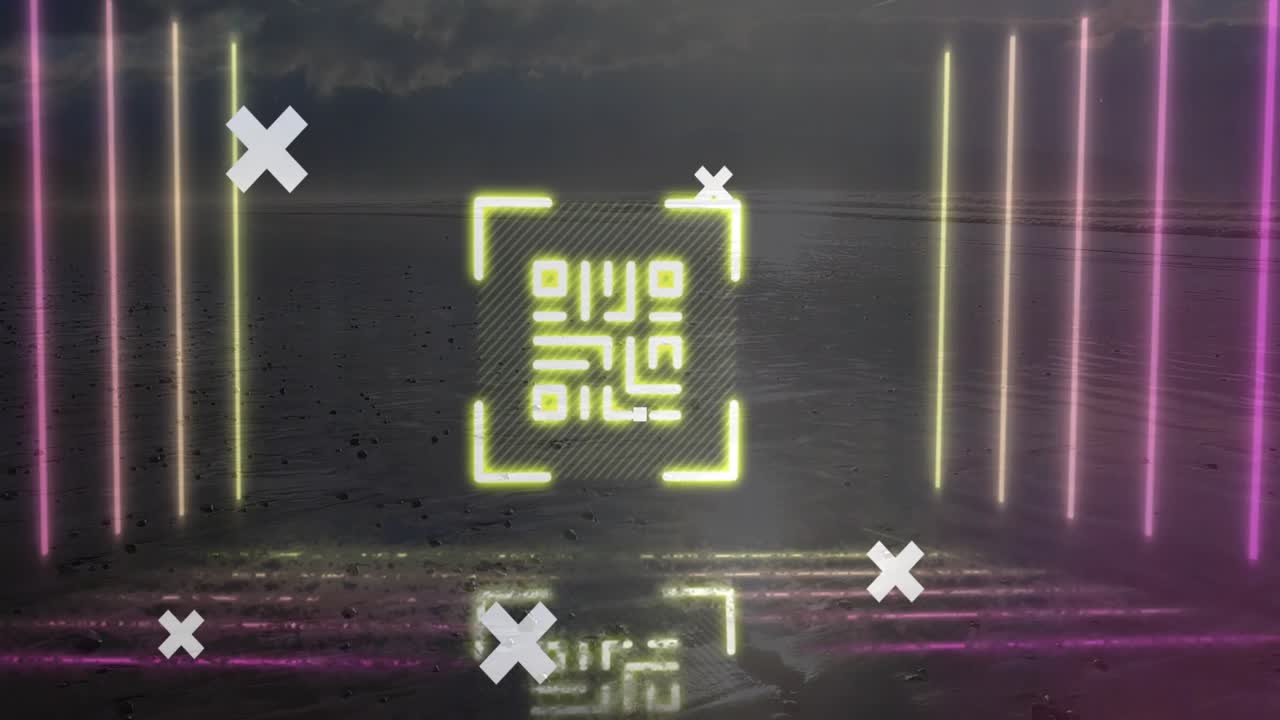 Translucent world map overlay hovering over sandy shoreline showing red bar chart and white Xs