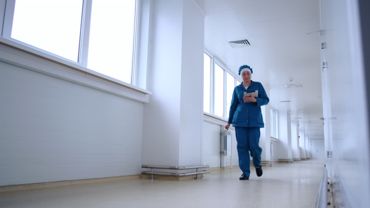 Mulher farmacêutica com tablet indo para um corredor branco. Mulher com tablet.