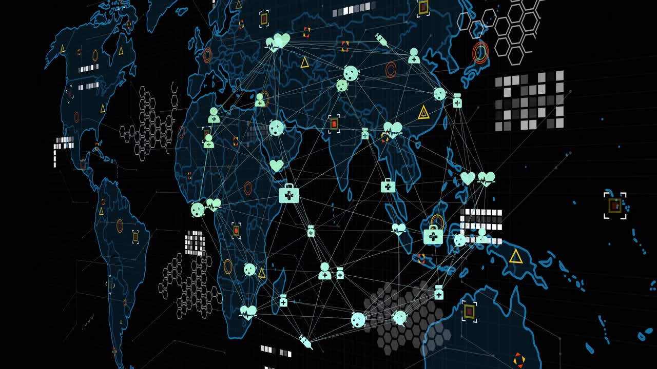 검은색 배경에 지도의 기하학적 모양 위에 지구를 형성하는 연결된 아이콘의 애니메이션