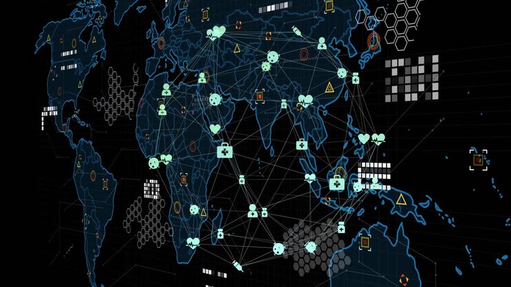 Animation of connected icons forming globe over geometric shapes on map against black background