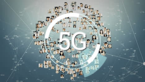 animation of 5g text with globe and photos network of connections