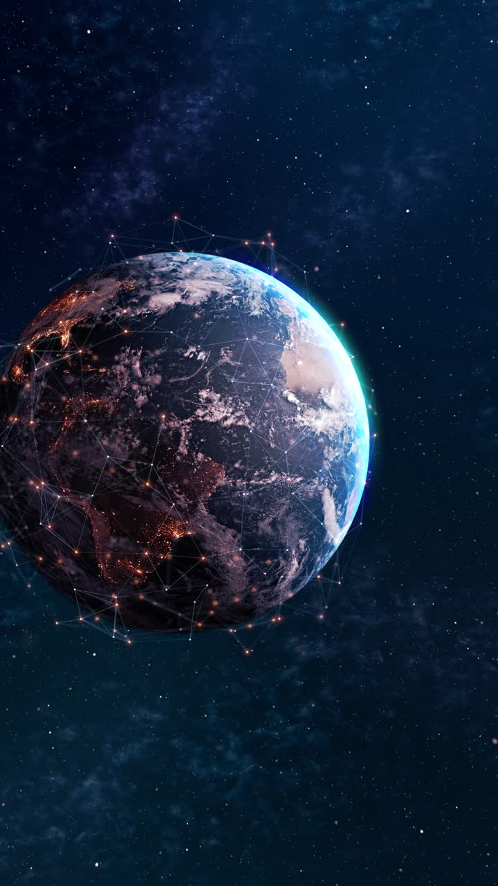 Tierra rodeada de redes de datos luminosas, conectividad global, avances tecnológicos digitales