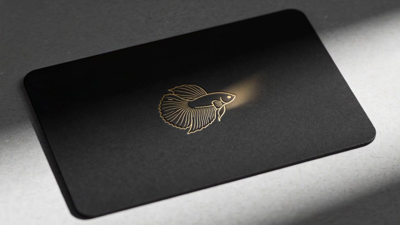 Sliding diagonal beam crossing black card on gray surface, highlighting gold fish logo