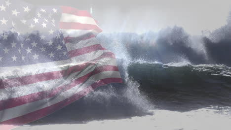 digital composition of waving us flag against waves in the sea