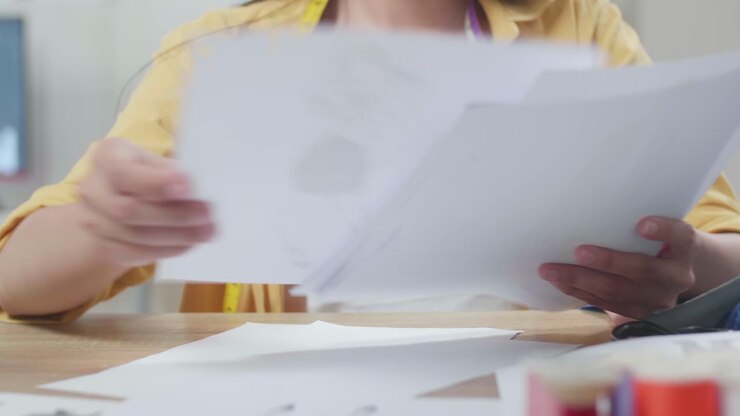 Close Up Of Smiling Asian Female Designer Rearranging The Papers While Designing Clothes In The Studio